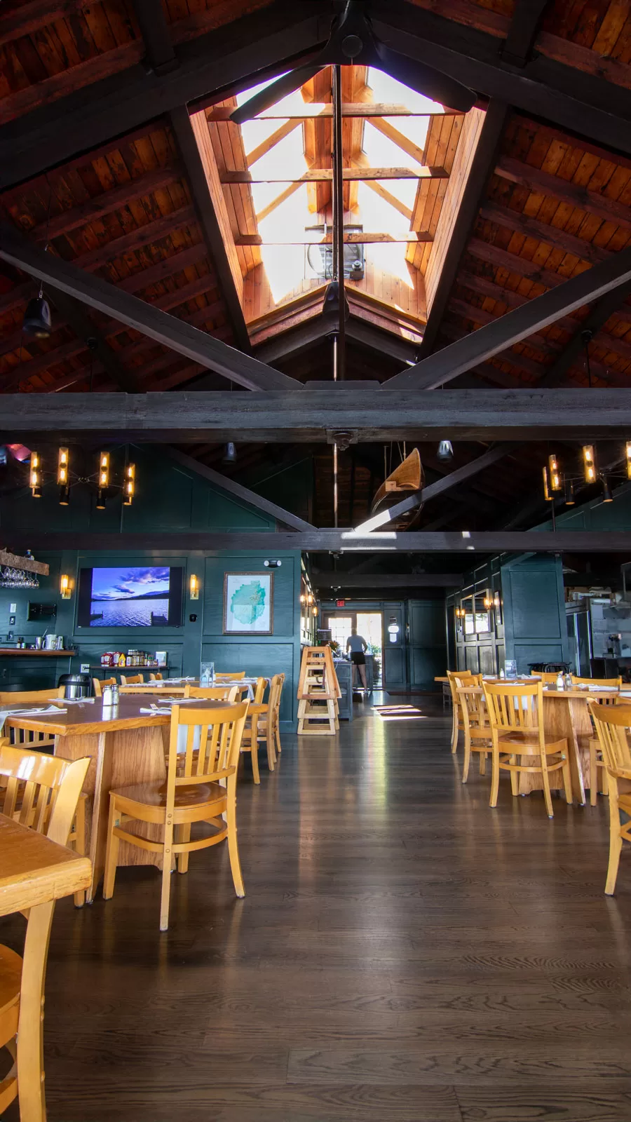 The Boathouse Restaurant interior redesign with ceiling view and new nautical theme.